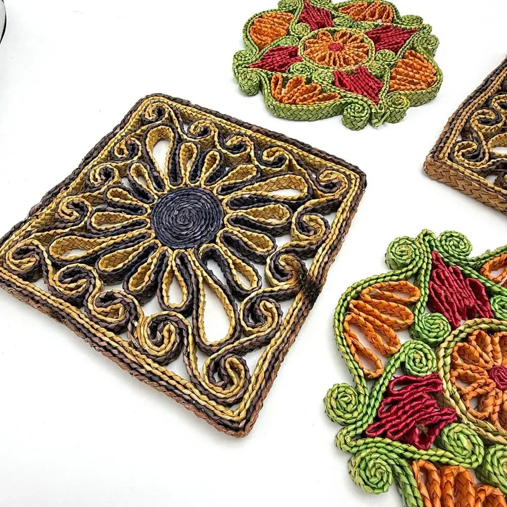 Vintage 1970s Boho Woven Trivets Lot 4 Colorful Hippie Wall Hanging Raffia Straw